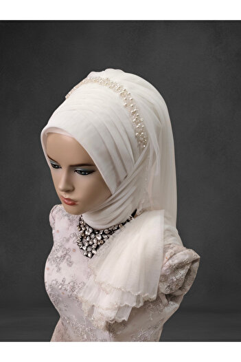 NurAy Fully Embroidered and Pearled Bridal Head - Ready Shawl and Veil