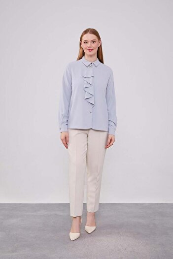 Levidor Gray Neckline Scarf Brooch Detailed Blouse