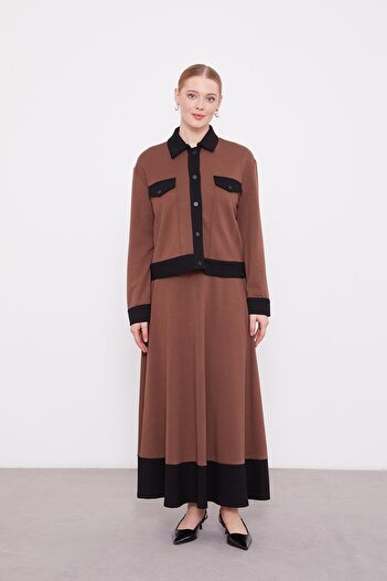 Levidor Acikahve-Black Shirt Collar Snap Closure Combed Cotton Skirt Suit