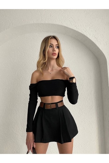 Maude Women's Black Pleated Belted Mini Skirt with Shorts