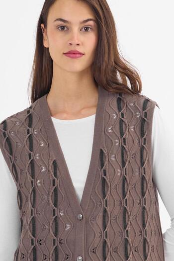 Uludağ Triko Women's Mink Silvery Twist Patterned Buttoned Seasonal Knitwear Long Vest