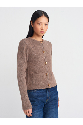 Dilvin 60935 Mink Crew Neck Sequin Glitter Knitwear Cardigan - με κουμπιά