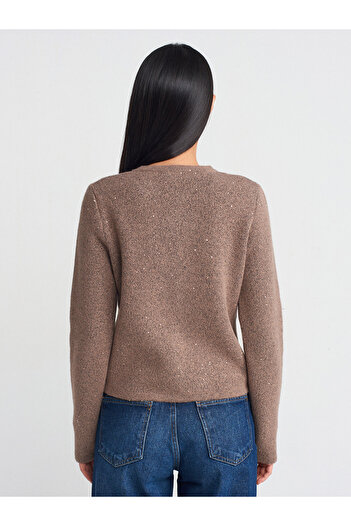 Dilvin 60935 Mink Crew Neck Sequin Glitter Knitwear Cardigan - με κουμπιά