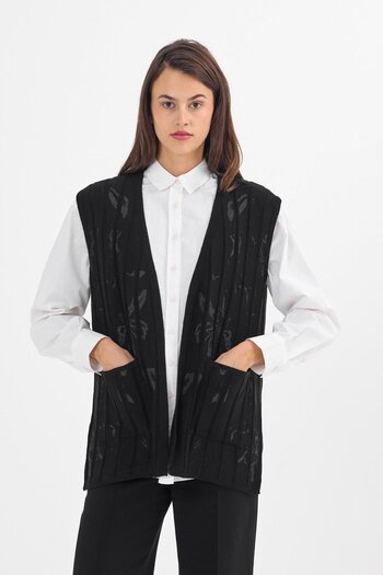 Uludağ Triko Women's Black Floral Print Pocket V-Neck Seasonal Knitwear Mother Vest