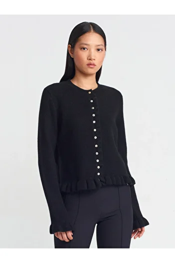 Dilvin 60934 Crew Neck Ruffle Detailed Buttoned Knitwear Cardigan-Black