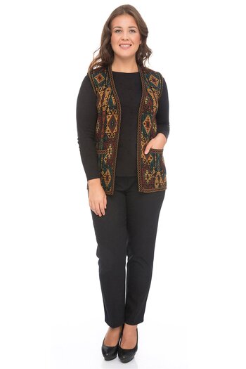 Uludağ Triko Women's Main Ethnic Patterned Kilim Vest with Pockets