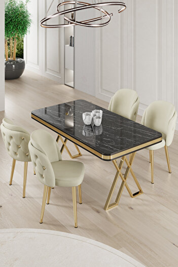 Canisa Rigel Serisi 80x130 Lak Panel Siyah Mermer Desen Masa Takımı Gold Ayaklı 4 Krem Sandalye