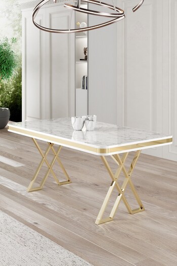 Canisa Rigel Serisi 80x130 Lak Panel Beyaz Mermer Desen Masa Takımı Gold Ayaklı 4 Gri Sandalye