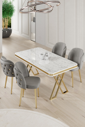 Canisa Rigel Serisi 80x130 Lak Panel Beyaz Mermer Desen Masa Takımı Gold Ayaklı 4 Gri Sandalye
