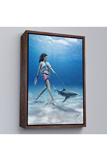 indispensablely Framed Woman Walking a Shark Under Water Painting-6482