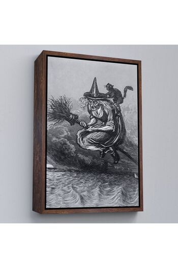 indispensablely Flying Old Witch and Her Cat with Framed Broomstick, Halloween Gift, Hellowen Painting -6304