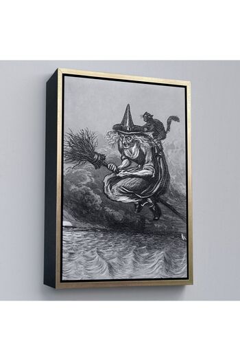 indispensablely Flying Old Witch and Her Cat with Framed Broomstick, Halloween Gift, Hellowen Painting -6304