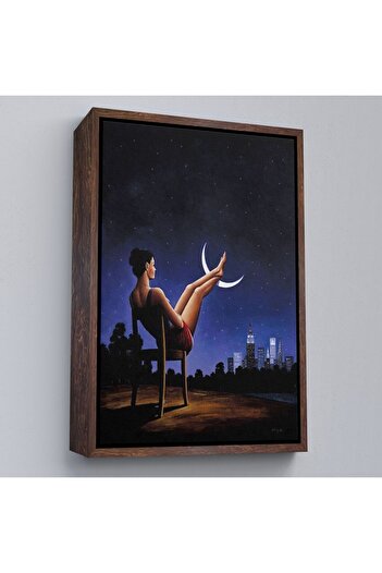indispensablely Woman Resting Her Feet on the Moon with Frame, Surreal Art Painting-6091