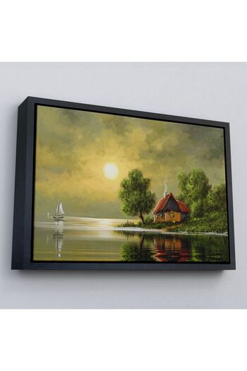 indispensablely Framed Village House by the Lake Oil Painting View Decorative Canvas Wall Painting-3592