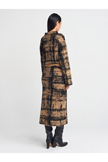 Dilvin 80118 Camel Patterned Elastic Waist Knitwear Skirt