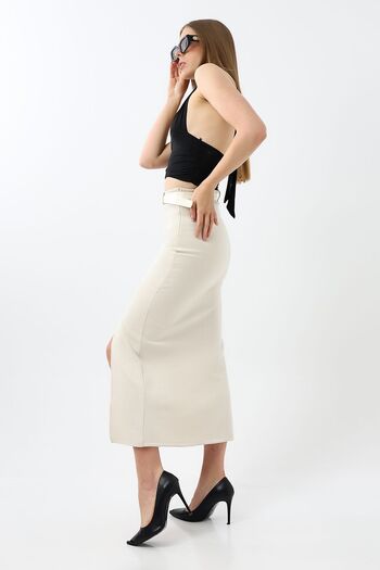 Winmoda34 Women's Long Belted 92cm Maxi Size Slip Suede Skirt