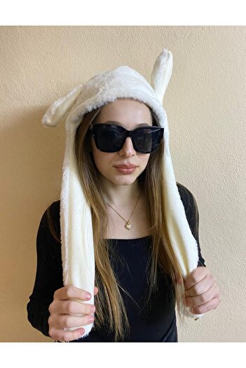 sema aksesuar Unisex Winter Plush White Hat with Movable Moving Ears - New Year Christmas Gift