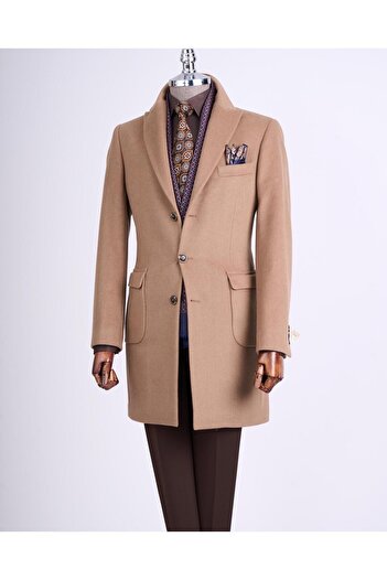TerziAdemAltun Camel Slim Fit Cashew Men's Coat - Pointed Collar, Wool Blend T13447