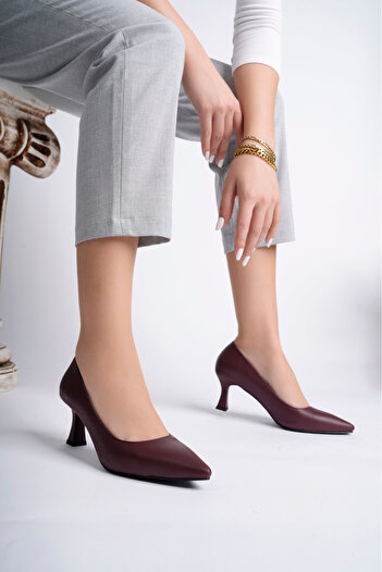 Deripabuc Genuine Leather Claret Red Women's Leather Heeled Shoes Trc-92280