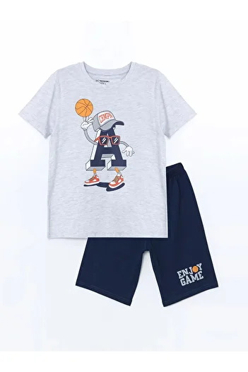 LC Waikiki Lcw Kids Gray Crew Neck Boy's Pajamas Set with Shorts