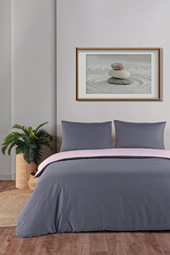 Evim % 100 Pamuklu Akfil Çift Taraflı Nevresim Takımı Çift Kişilik 200x220 Cm Antrasit Pudra