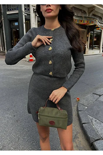 ZF BUTİK Heart Buttoned Knitwear Set - Bottom Top Set -