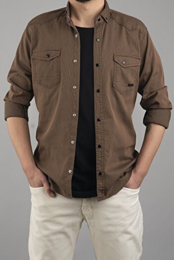 bombe Slim Fit Ανδρικό Εποχιακό Τζιν Πουκάμισο Milk Coffee