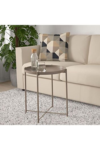 IKEA Tepsili Sehpa Yuvarlak Bej Renk Çıkarılabilir Tepsi - Modern Sehpa 45x53 cm