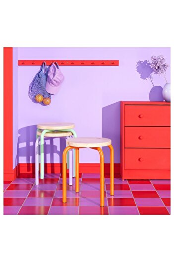 IKEA Çam Tabure Turuncu Renk 45 Cm Yuvarlak Tabure Tekli