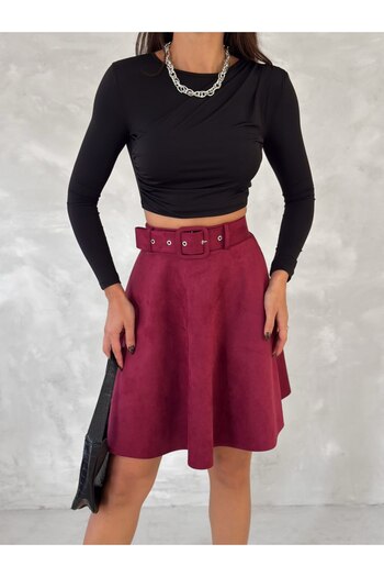 Ozy Fashion Women's Burgundy Color Midi Length Belted Suede Flared Skirt