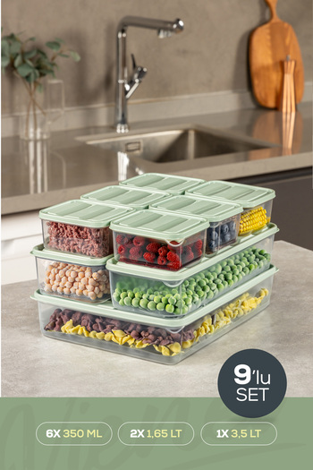 Vienev 9-Piece Refrigerator Freezer Organizer and Storage Container Mint 6X(350ml) 2X(1.65Lt) 1X(3.5Lt)
