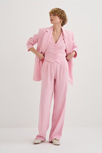 Mathilda Store Powder Pink V-Neck Valeria Special Edition Γιλέκο - Κλείσιμο με κουμπί, Μηδενικό μανίκι, Χοντρό λουράκι