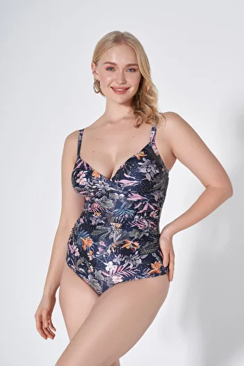 HAREM SUARE Judy Minimizer Gathering Large Size V-Neck Swimsuit Midnight Blue Patterned