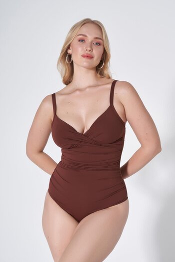 HAREM SUARE Judy Minimizer Gathering Large Size V-Neck Swimsuit Plum