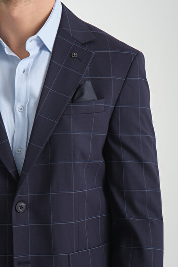 Frappoli Maino Men's Navy Blue Plaid Half Lining Slim Fit Mono Collar Sports Blazer Jacket