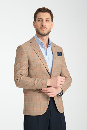 Frappoli Marega Ανδρικό Μπέζ Καρό Slim Fit Μονοκορτινο Σπορ Μπλέιζερ Σακάκι