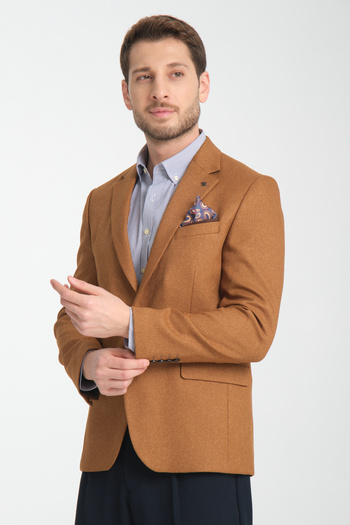 Frappoli Fevual Men's Camel Mono Collar Diagonel Pattern Slim Fit Blazer Sports Jacket