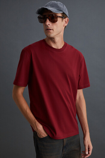 GRIMELANGE Solo Men - 100% οργανικό βαμβάκι, χοντρή υφή, Comfort Fit Crew Neck Claret Red T-shirt