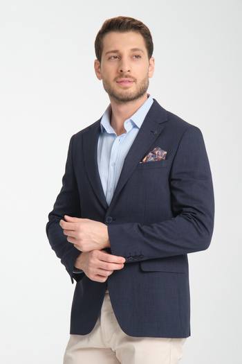 Frappoli Arunte Men's Navy Blue Linen Look Thin Four Season Wearable Slim Fit Blazer Jacket