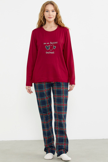Sementa Red Pajama Set with Plaid Pattern and Embroidery