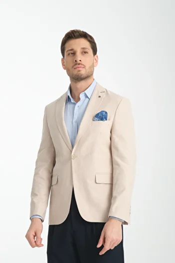 Frappoli Galdino Men's Beige Self Patterned Slim Fit Mono Collar Sports Blazer Jacket