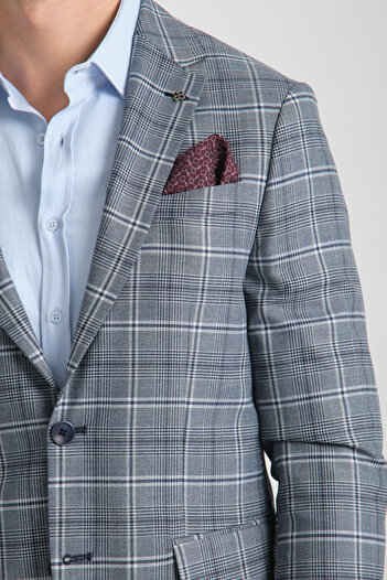 Frappoli Marega Men's Navy Blue Plaid Slim Fit Mono Collar Sports Blazer Jacket