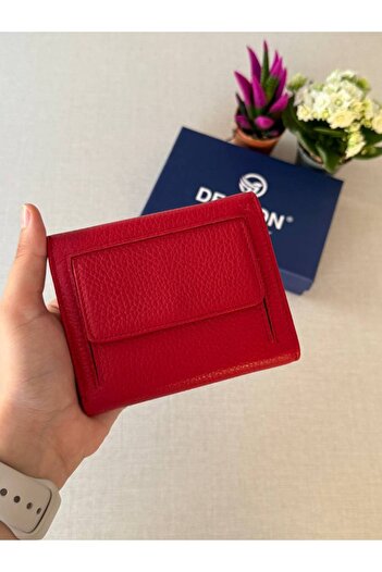 DERKON Ufak Bol Kartlıklı Hakiki Deri Cüzdan Misha Model Kırmızı