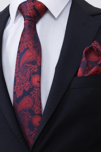 Esgue Handmade 7.5 cm Red Navy Blue Drop Pattern Handkerchief Tie