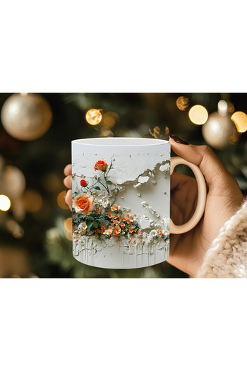 Evion 3D Porcelain Mug with Roses in the Wall - Gift Mug - Printed Mug