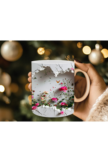 Evion 3D Porcelain Mug with Roses in the Wall - Gift Mug - Printed Mug