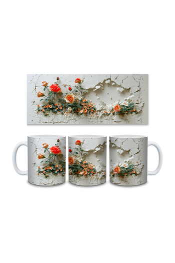 Evion 3D Porcelain Mug with Roses in the Wall - Gift Mug - Printed Mug