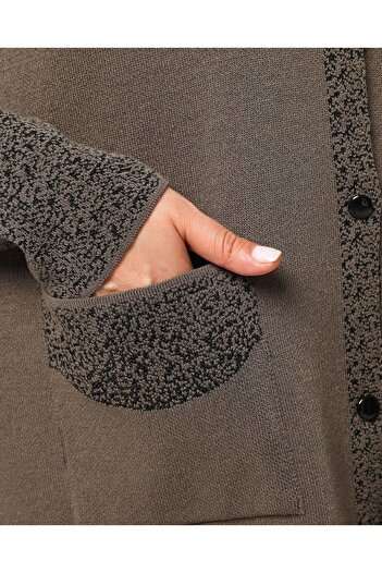 Laden Large Size Women's Glitter Detailed Long Mother Soft Medium Thick Special Knitwear Mink Cardigan