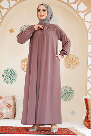 Neva Style Dusty Rose Hijab Ferace με φερμουάρ - 45293GK