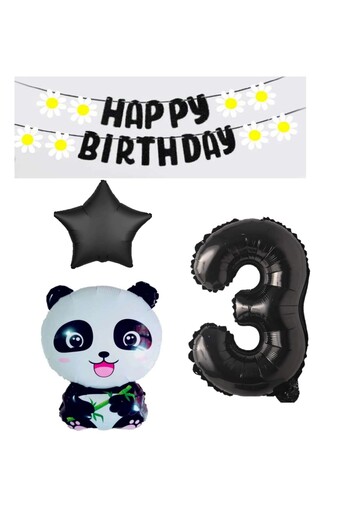 PARTY STORE Black Panda Birthday Banner - Star Figures Party Set, Age 3